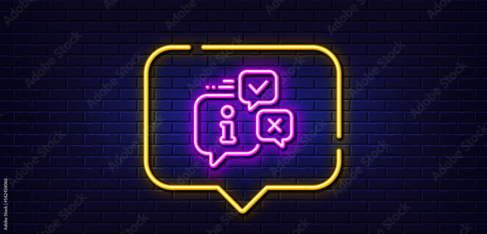 Neon light speech bubble. Information line icon. Info speech bubble sign. Help inform symbol. Neon light background. Info glow line. Brick wall banner. Vector Neon light speech bubble. Information line icon. Info speech bubble sign. Help inform symbol. Neon light background. Info glow line. Brick wall banner. Vector