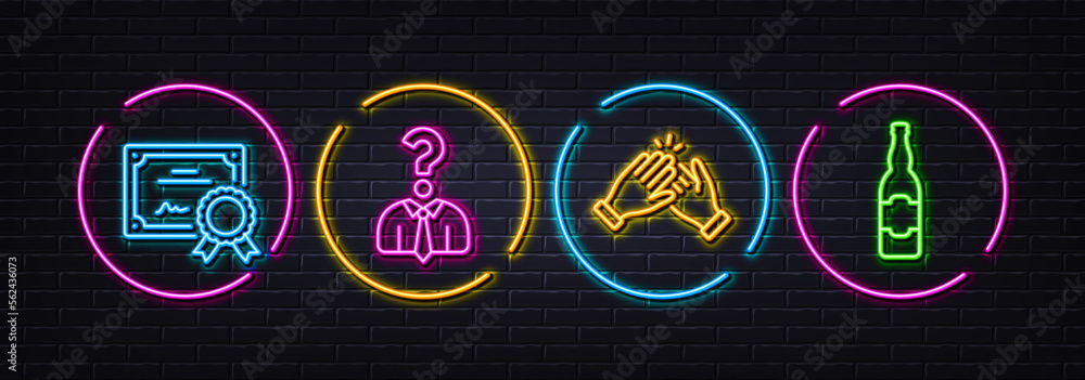 Certificate, Clapping hands and Hiring employees minimal line icons. Neon laser 3d lights. Beer bottle icons. For web, application, printing. Certified file, Clap, Human resources. Craft beer. Vector