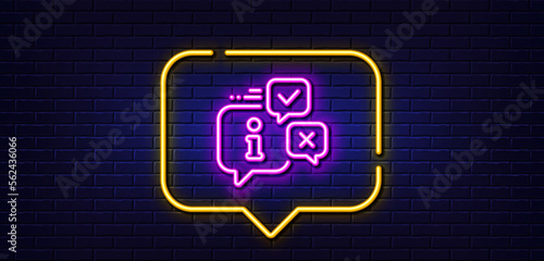 Neon light speech bubble. Information line icon. Info speech bubble sign. Help inform symbol. Neon light background. Info glow line. Brick wall banner. Vector