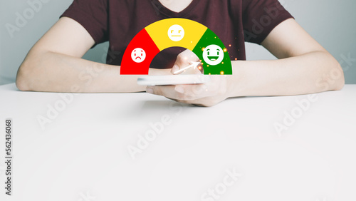 Customer satisfaction very good service with smart phone, impression of take care and attention, choose a smiley face icon, answer the survey, give the highest score, very happy feedback from guest.