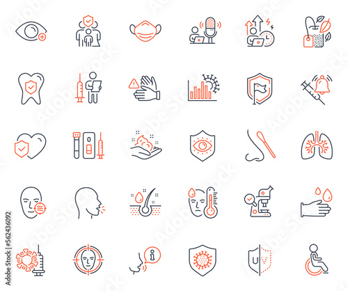 Medical icons set. Included icon as Family insurance, Farsightedness and Blood and saliva test web elements. Fever, Coronavirus, Nasal test icons. Life insurance, Dont touch. Vector