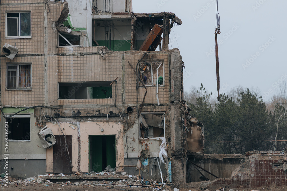 A Russian rocket flew into a residential building in the city of Dnipro, Ukraine. The consequences of an enemy attack on the city. Destroyed residential building in Dnipro. scars of war. People were l