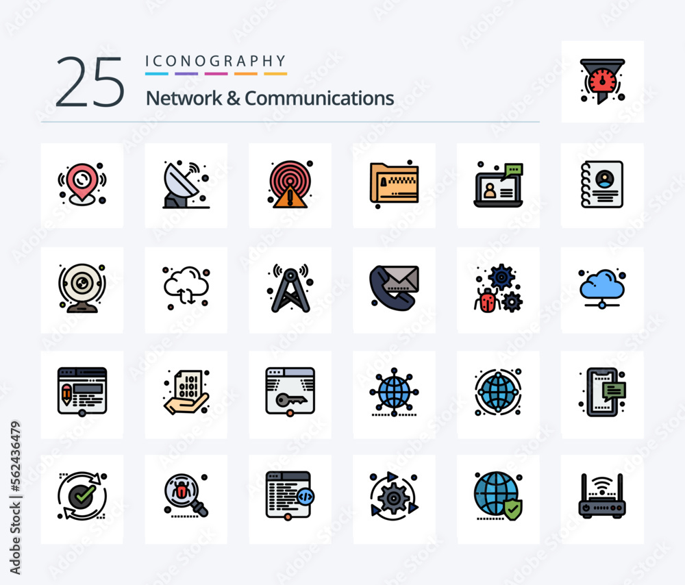 Network And Communications 25 Line Filled icon pack including zip. files. space. share. point