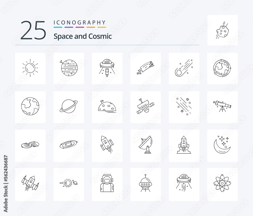 Space 25 Line icon pack including meteor. asteroid. squarico. mars. ufo