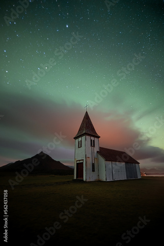 Hellnar church with Aurora borealis - Iceland