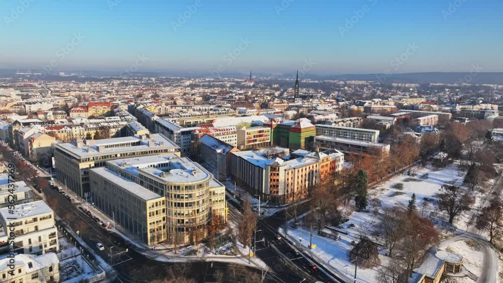Aerial drone flight over the city of dresden in the winter. drone move forward