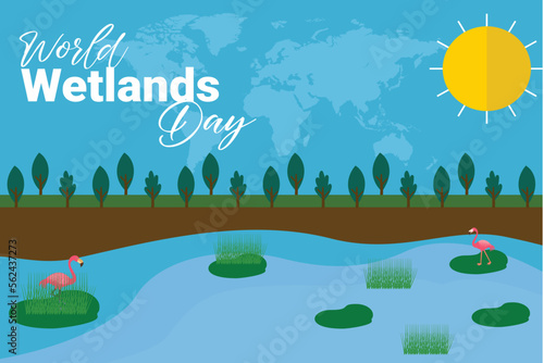 World Wetlands Day theme. Postcard or banner with a map cut out in paper, the branches of reeds and reminding an inscription. The date of the event is 2 February. Vector illustration.
