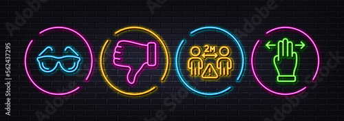 Eyeglasses, Social distance and Dislike hand minimal line icons. Neon laser 3d lights. Multitasking gesture icons. For web, application, printing. Optometry, People protection, Thumbs down. Vector