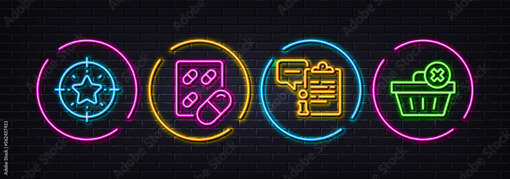 Capsule pill, Clipboard and Star target minimal line icons. Neon laser 3d lights. Delete order icons. For web, application, printing. Medicine drugs, Info document, Winner award. Clean basket. Vector Capsule pill, Clipboard and Star target minimal line icons. Neon laser 3d lights. Delete order icons. For web, application, printing. Medicine drugs, Info document, Winner award. Clean basket. Vector