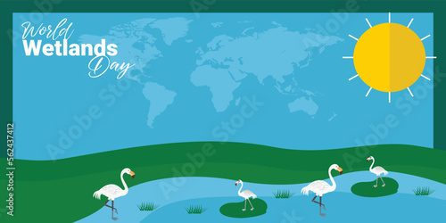 World Wetlands Day theme. Postcard or banner with a map cut out in paper, the branches of reeds and reminding an inscription. The date of the event is 2 February. Vector illustration.