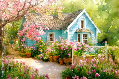 Fotografiet Fairy tale rustic country house spring