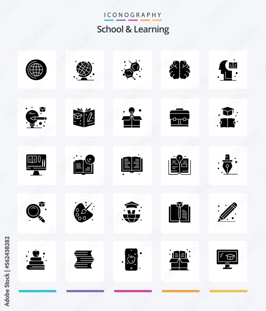 Creative School And Learning 25 Glyph Solid Black icon pack  Such As graduate. graduate. lab. light. knowledge