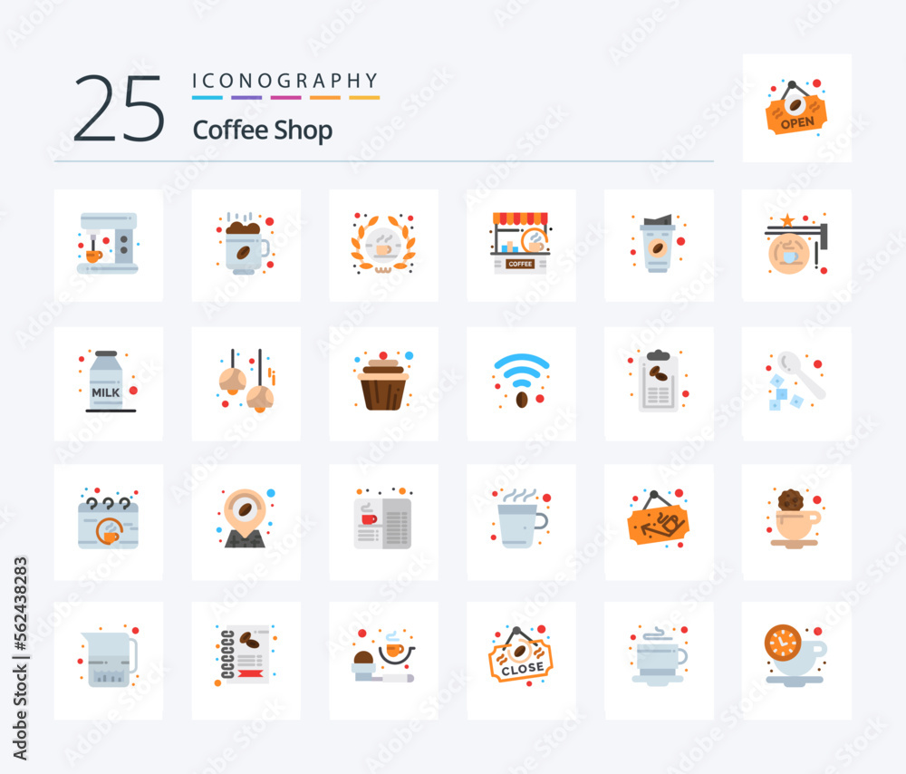 Coffee Shop 25 Flat Color icon pack including cup. shop. coffee. counter. cafe