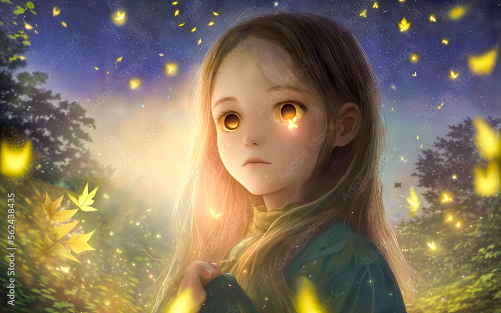Girl standing in middle of magic night forest with sky background and stars above her head Girl standing in middle of magic night forest with sky background and stars above her head