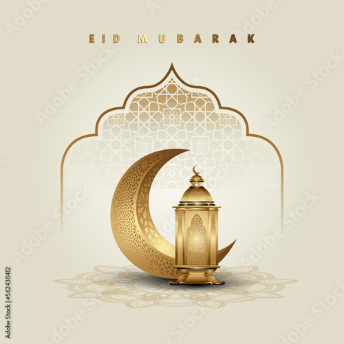 Islamic eid mubarak greeting card design with crescent moon and lantern
