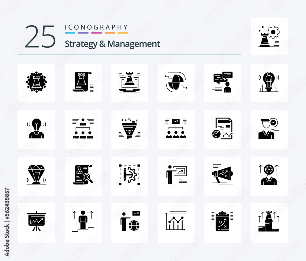 Strategy And Management 25 Solid Glyph icon pack including internet. connect. planning. strategy. fort