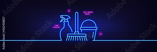 Neon light glow effect. Cleaning service line icon. Spray, bucket and mop symbol. Housekeeping equipment sign. 3d line neon glow icon. Brick wall banner. Household service outline. Vector