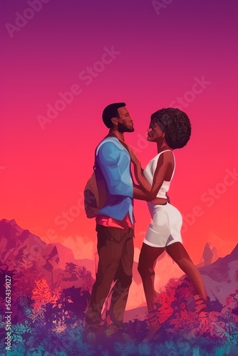 AI-Generated Image of an African American Couple in Love. Watercolor Portrait 