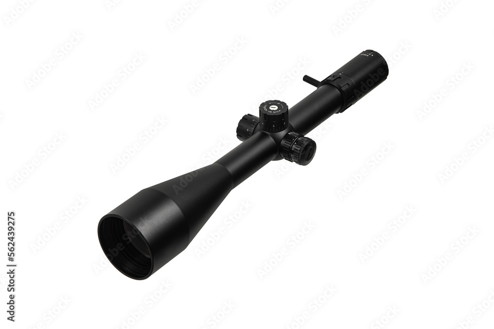Modern sniper scope on a white back. Optical device for aiming and shooting at long distances. Modern sniper scope on a white back. Optical device for aiming and shooting at long distances.