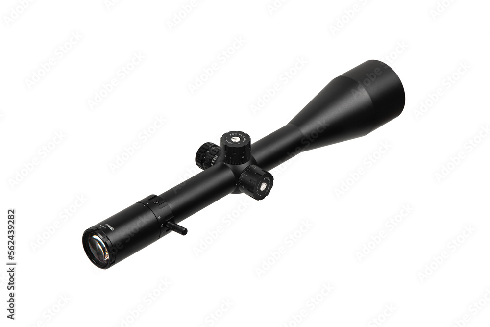 Modern sniper scope on a white back. Optical device for aiming and shooting at long distances. Modern sniper scope on a white back. Optical device for aiming and shooting at long distances.