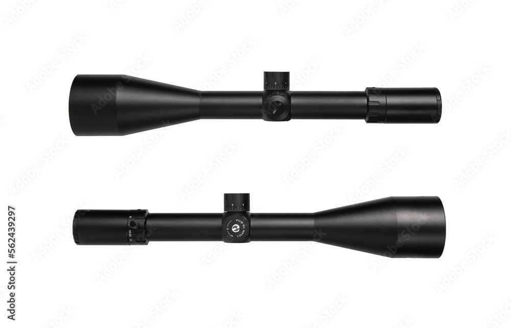 Fototapeta premium Modern sniper scope on a white back. Optical device for aiming and shooting at long distances.