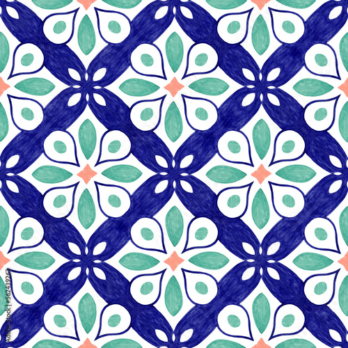 Surface seamless pattern with hand drawn watercolor tile ornament