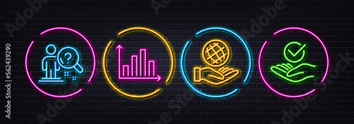 Search employee, Safe planet and Diagram graph minimal line icons. Neon laser 3d lights. Approved icons. For web, application, printing. Questions for candidate, Ecology, Presentation chart. Vector