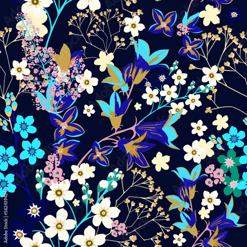 Abstract seamless pattern of forget-me-nots and bluebells. Background for creating textiles  fabrics  paper  wallpapers. Dark background. Vector illustration.