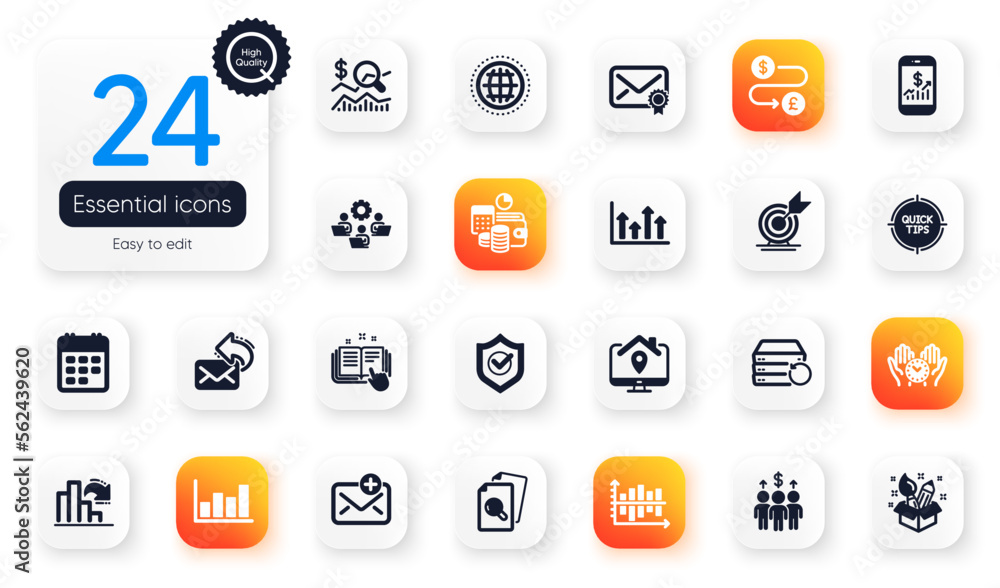 Set of Education flat icons. Calendar, Approved shield and Tips elements for web application. Inspect, Recovery server, Technical documentation icons. Globe, Check investment. Vector Set of Education flat icons. Calendar, Approved shield and Tips elements for web application. Inspect, Recovery server, Technical documentation icons. Globe, Check investment. Vector
