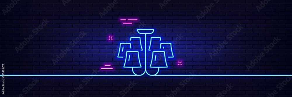 Neon light glow effect. Chandelier line icon. Ceiling lamp sign. Interior illuminate light symbol. 3d line neon glow icon. Brick wall banner. Chandelier outline. Vector Neon light glow effect. Chandelier line icon. Ceiling lamp sign. Interior illuminate light symbol. 3d line neon glow icon. Brick wall banner. Chandelier outline. Vector