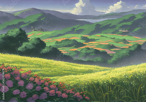 Anime Painting Of A Green Landscape Full Of Flowers With Smooth Hills And Puffy Clouds. Generative AI Illustration