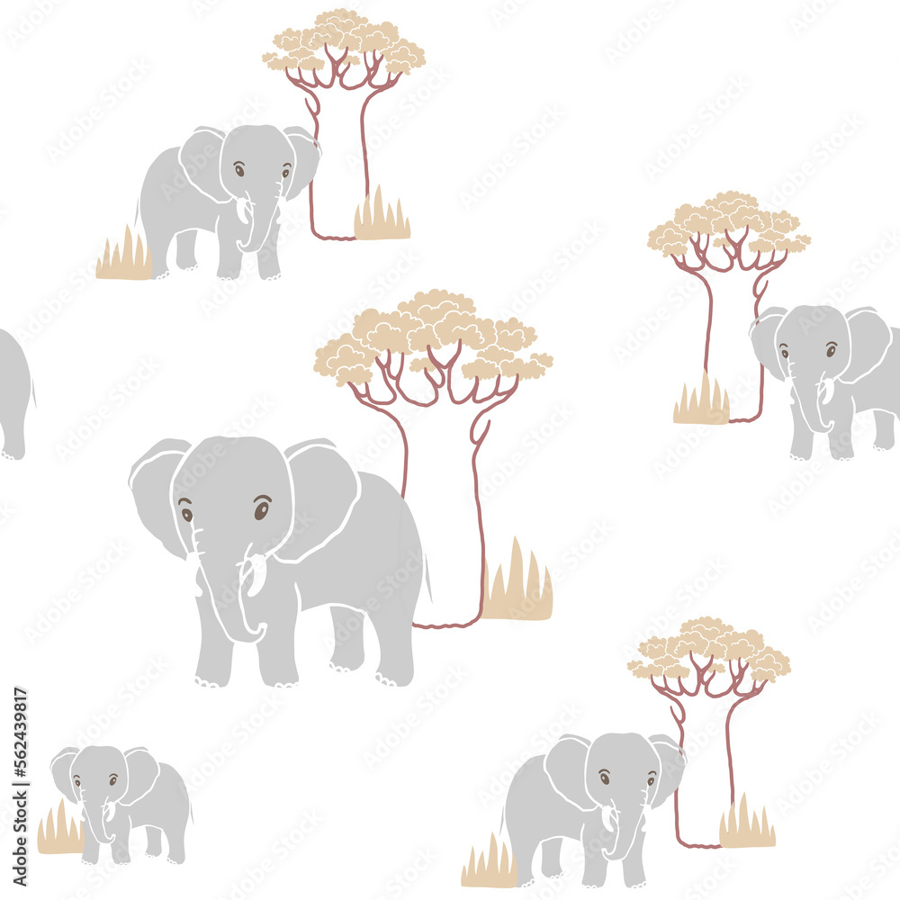 Elephants and baobab. Seamless pattern with safari theme illustrations
Elephants and baobab. Seamless pattern with safari theme illustrations