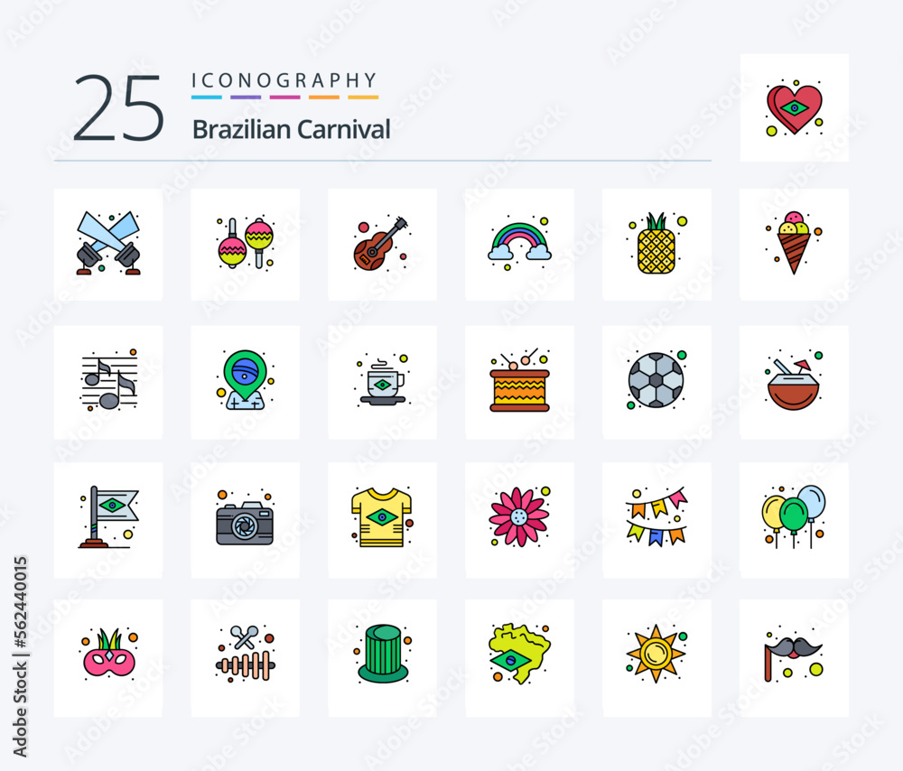 Brazilian Carnival 25 Line Filled icon pack including fruits. food. instrument. color. cloud
