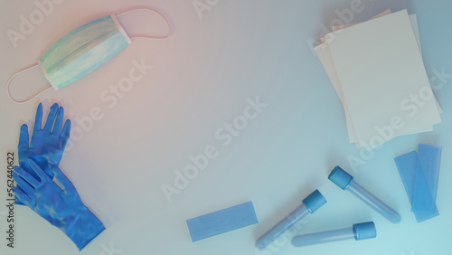 3d render background for medical clinics, laboratories, pharmaceutical companies. Medical samples, gloves, mask and laboratory glass. Concept background for creating a design on a medical theme.