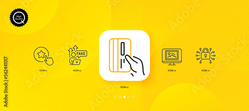 Photo thumbnail, Security lock and Fake internet minimal line icons. Yellow abstract background. Loyalty star, Payment card icons. For web, application, printing. Vector