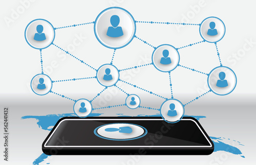 Infographic template of connecting people logo badge with mobile tablet phone