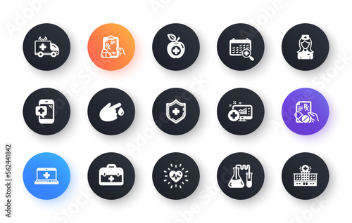 Medical icons. Hospital assistance, Health food diet and Laboratory. Chemistry classic icon set. Circle web buttons. Vector