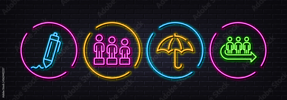 Signature, Equality and Umbrella minimal line icons. Neon laser 3d lights. Queue icons. For web, application, printing. Written pen, Equity, Safe secure. People waiting. Neon lights buttons. Vector