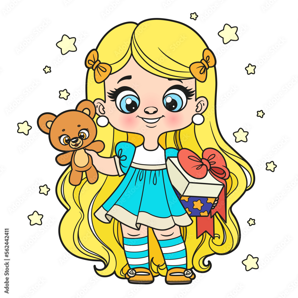 Cute cartoon long haired blond girl with gift box and teddy bear in hands color variation for coloring page on a white background Cute cartoon long haired blond girl with gift box and teddy bear in hands color variation for coloring page on a white background
