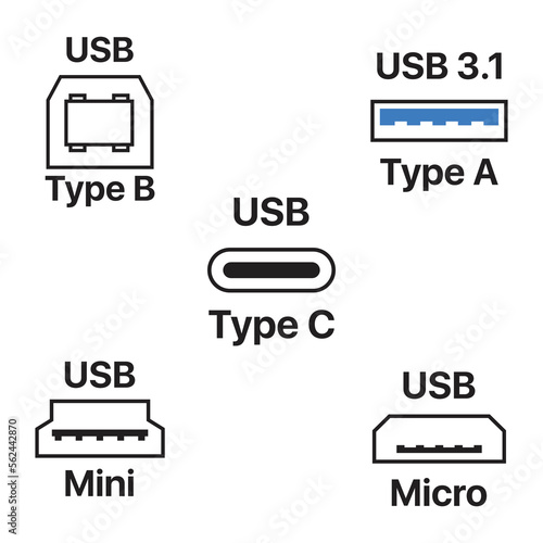 USB Types vector set design, isolated sign label sticker design for electronics, TV, Gadgets 
