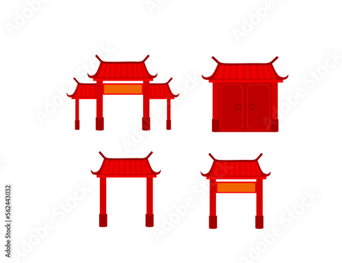 Chinese door entrance.Traditional gate building with red roof.Lunar new year.Temple concept.Pagoda building.Japanese house.Chinatown.Sign, symbol, icon or logo isolated.Cartoon vector illustration.