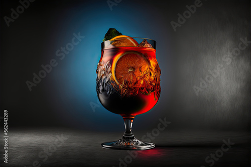 ai midjourney generated illustration of a red cocktail with orange slices against dark background with copy space