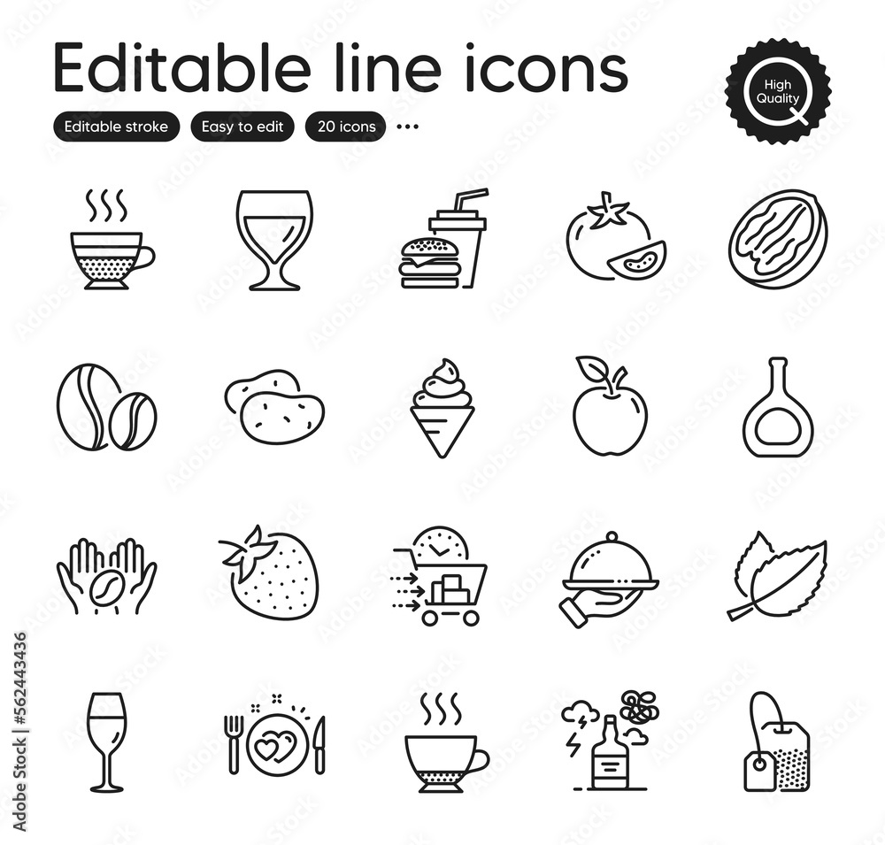 Set of Food and drink outline icons. Contains icons as Apple, Espresso and Ice cream elements. Tomato, Food delivery, Pecan nut web signs. Restaurant food, Tea bag, Strawberry elements. Vector