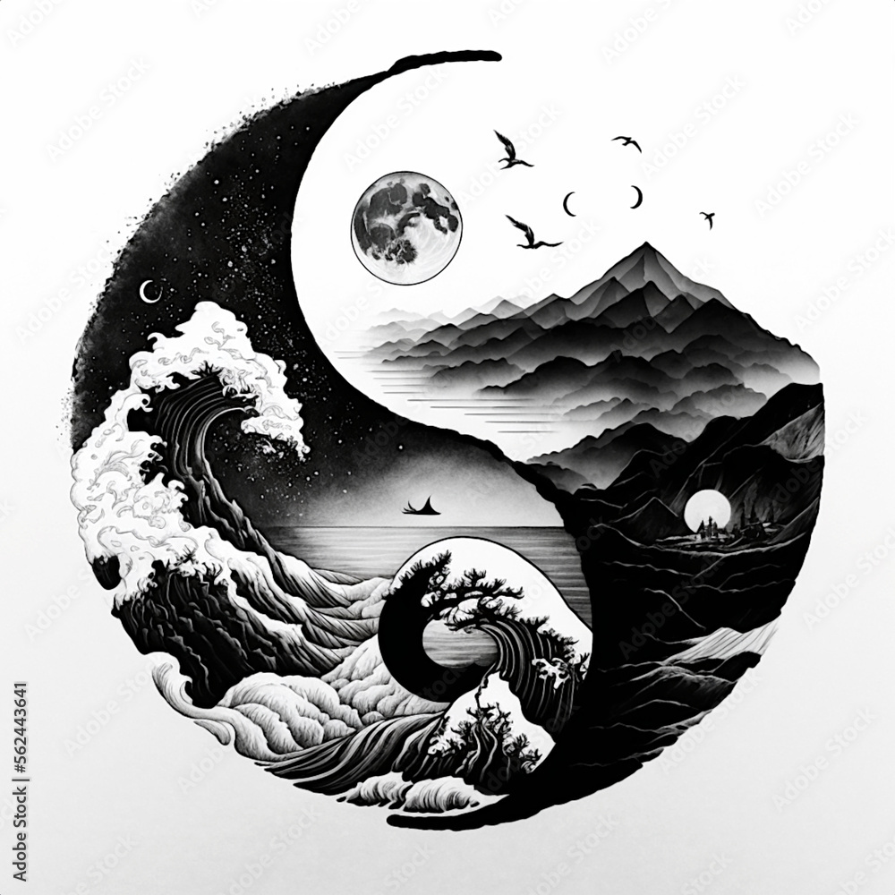 Yin yang design with mountains and sea or ocean. Concept of duality. Black  and white. Tattoo or logo project Stock Illustration