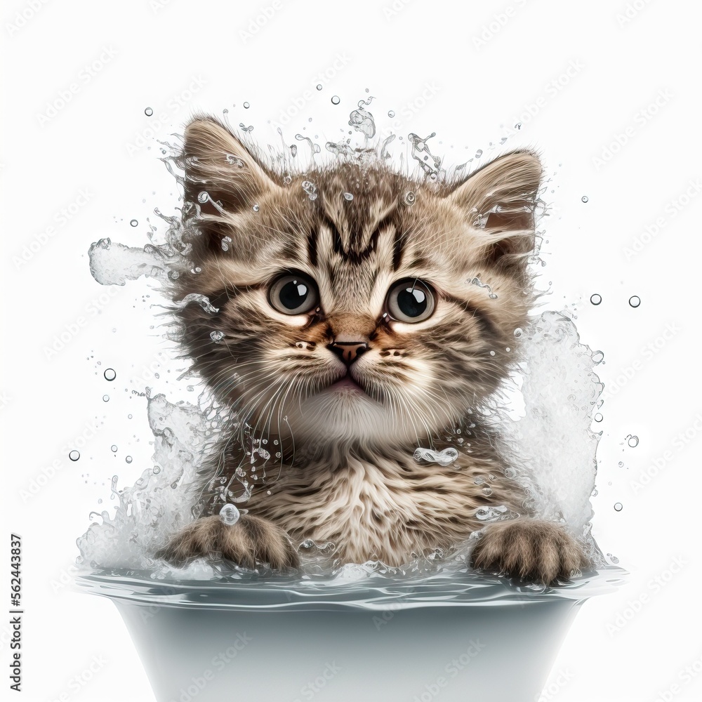 Funny illustration of surprised cat swimming, splashes of water around. White background. Generative AI