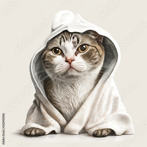 Funny illustration of moody cat wearing bathrobe. White background. Generative AI