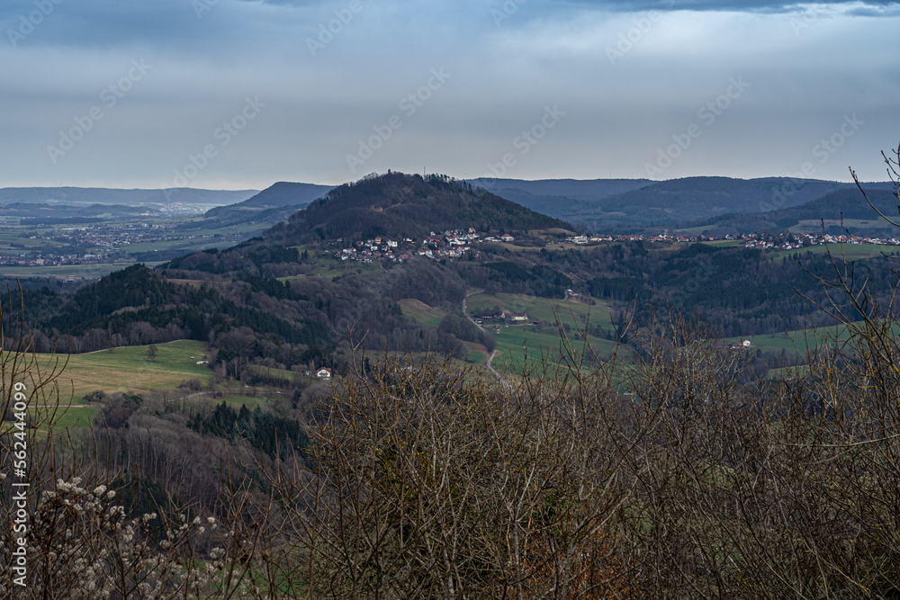 Landscape with hills and forests overlooking the castle ruin Hohenrechberg