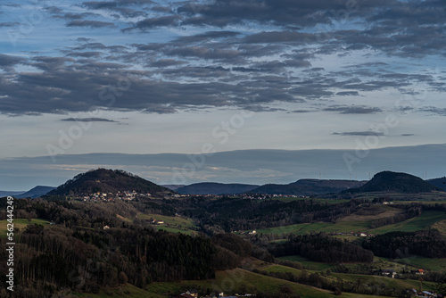 Landscape with hills and forests overlooking the castle ruin Hohenrechberg