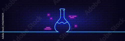 Neon light glow effect. Chemistry lab line icon. Laboratory flask sign. Analysis symbol. 3d line neon glow icon. Brick wall banner. Chemistry lab outline. Vector