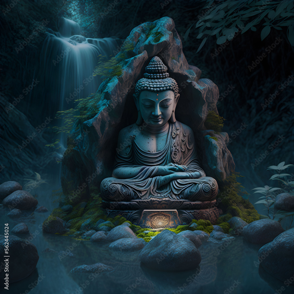 Fototapeta premium Stone Buddha Statue Water Jungle. Generative AI. Buddhism Religion Illustration. Nature and Faith. Asian Oriental Way of Lifestyle.